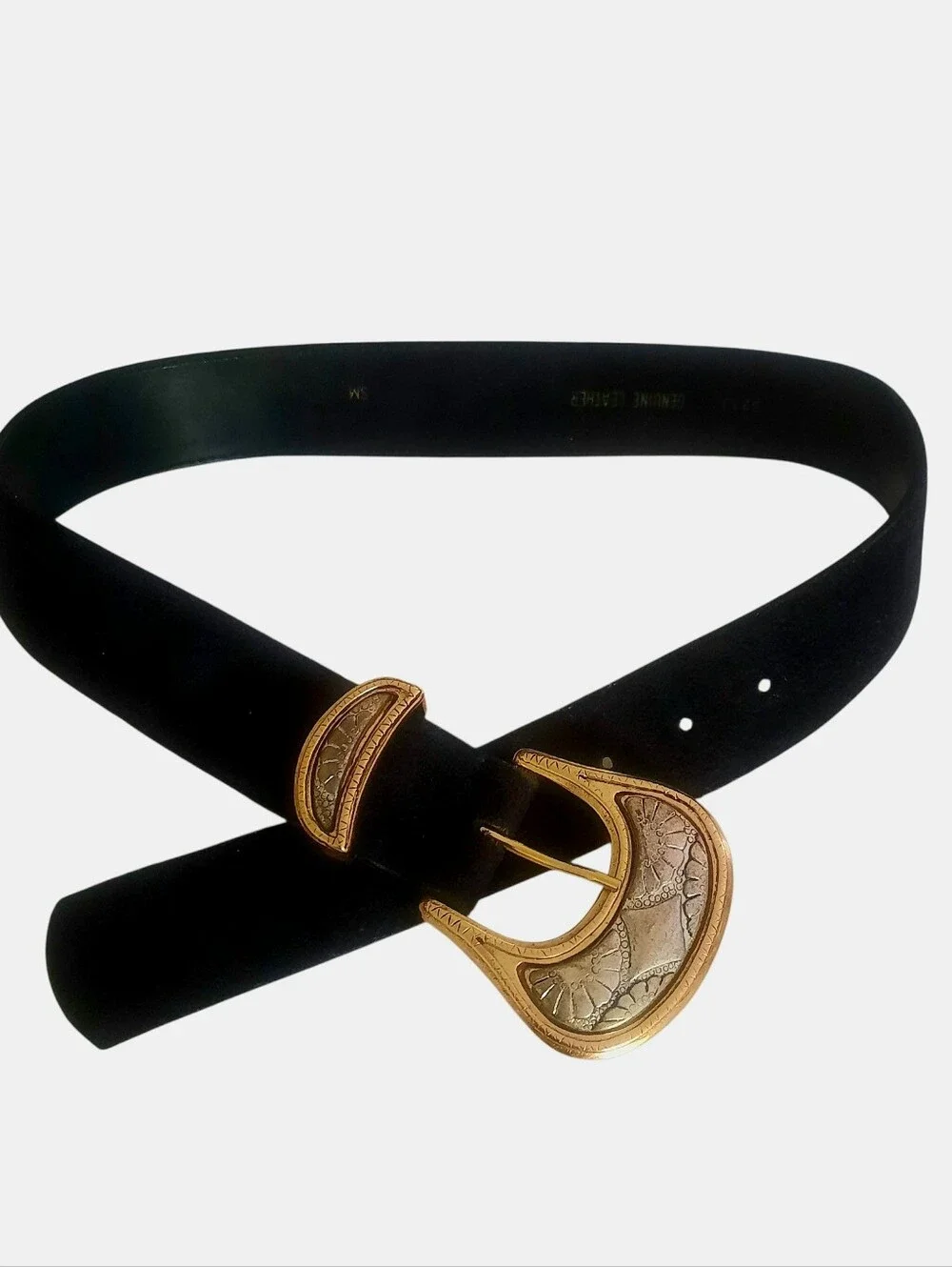 Vtg Black Wide Suede Belt w/Antique Silver-Gold Buckle & Loop Sz S Made In Italy